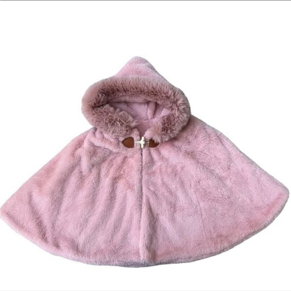 Girl Poncho Cloak Faux Fur Winter Toddler Child Princess Hooded Cape fits 3-6